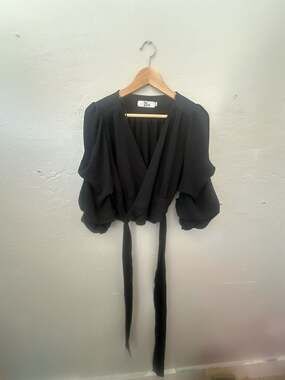 For Good Black Wrap Front Blouse with Puff Sleeves